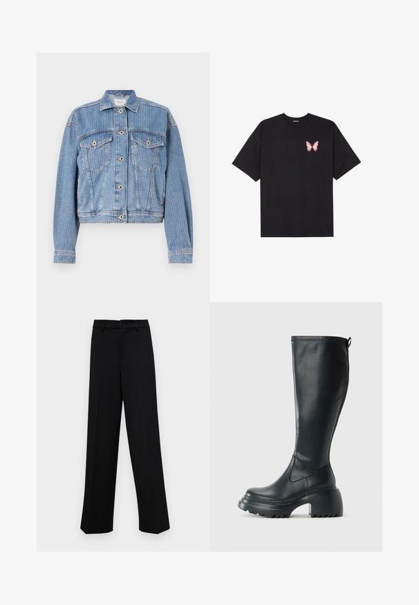 Heleda helesinine teksajakk lühikese lõikega, nööbikirjed ja kaks rinnataskut. Omab vertikaalseid triibusid ja tavalist kraed.; Must muströöpidega must puuvillane T-särk, vasakul rinnal on väike roosa liblikas. Ümar kaelus ja vabalt istuv lõige.; Musta laiad püksid siledast kangast, millel on klassikaline vöökoht, nööbiga sulgemine ja ees voldid.; Kõrge must nahksaapad, millel on massiivne platvormi tald ja blokk-kand, varustatud tõmbenööriga ja tekstuuriga väljatõmbejääk.