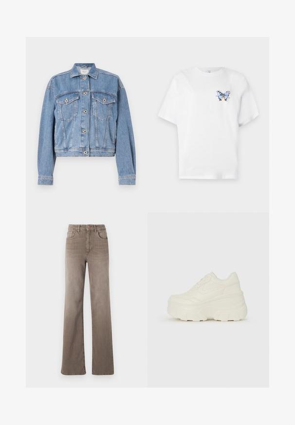 Vaaleansininen farkkutakki, jossa on lyhyt leikkaus, nappisuljenta ja kaksi rintataskua. Sisältää pystysuorat raidat ja tavallisen kauluksen.; Valkoinen puuvillapaita, jossa on värikäs perhospainatus vasemmalla rinnalla. Lyhyet hihat ja rento malli.; Kuhun ruskeat korkeavyötäröiset suorat farkut etuvipusella, vyölenkeillä ja klassisella viiden taskun muotoilulla valkoista taustaa vasten.; Valkoiset tasapohjakengät, joissa on sileä nahkamainen päällinen, pyöristetty muoto, pehmustettu nilkkaosa ja texturoitu kumipohja, jossa on hyvin määritellyt urat.