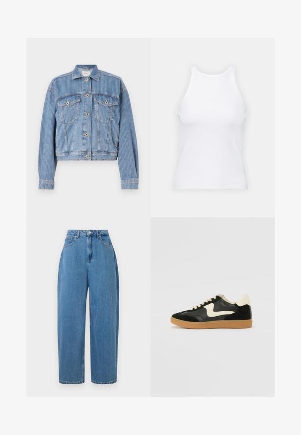 Svijetloplava traper jakna s krojenjem u struk, kopčanjem na dugmad i dva džepa na prsima. Sadrži vertikalne pruge i klasičnu ovratnik.; Bijela majica bez rukava napravljena od rebraste tkanine, s okruglim izrezom i uklapajućim siluetom, s minimalnim šavovima i bez ukrasa.; Svijetloplave traperice ravnog kroja, visoki struk i prednje kopčanje na gumb. Sadrže pet džepova i minimalne detalje šivanja.; Crna nubuk i kožna tenisica s kremastim bočnim swooshom i svijetlom kremastom petom. Sadrži bež vezice i gumu na potplatu.