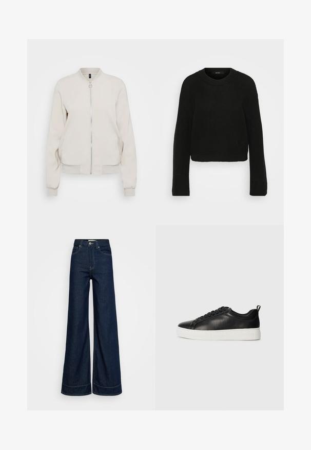 Šviesiai smėlinės spalvos bomber stiliaus striukė su užtrauktuku, su spiraliniais apykaklė ir rankogaliais. Lygaus audinio, su dviem šoninėmis kišenėmis, minimalizmo dizainas.; Juodas megztinis su apvalia iškirpte ir ilgomis rankovėmis. Turi tekstūrinį raštą ir trumpą dizainą.; Tamsiai mėlynos aukšto liemens plačiakojės džinsai su priekinėmis kišenėmis, diržo kilpelėmis, mygtuko uždarymu ir matomu siuvimu ant balto fono.; Juodi odiniai žemos sportinės bateliai su juodomis raištelėmis ir storu baltu guminio pado, matomi iš išorės ant balto fono.