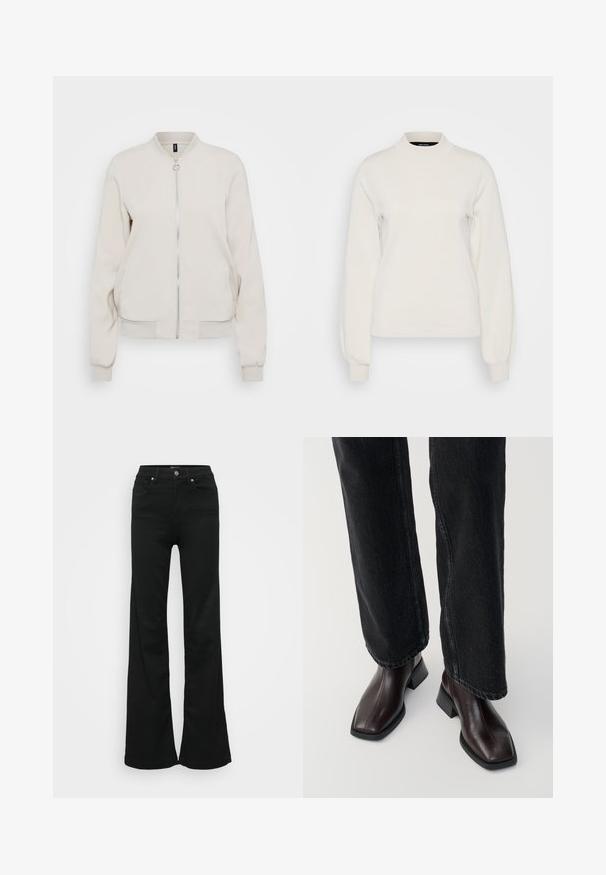 Ljusbeige bomberjacka med dragkedja framtill, ribbad krage och manschetter. Slät tyg och två sidofickor, minimalistisk design.; Vero Moda Tall VMMERCURY HIGHNECK - Stickad tröja - birch; Svarta utsvängda jeans i denim, med hög midja, fem fickor och metallknappstängning. Slät textur med minimal detaljering.; Bruna läderankelstövlar med fyrkantig tå och blockklack, matchade med svarta vida jeans. Slät textur och minimalistisk design.