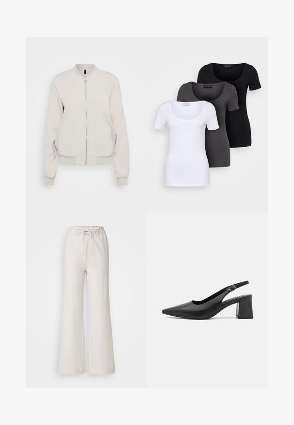 Lys beige bomberjakke med lynlås foran, ribbet krave og manchetter. Glat stof og to sidelommer, minimalistisk design.; Tre tætsiddende T-shirts i hvid, grå og sort. Hver af dem har en bred scoop-udskæring og korte ærmer. Fremstillet af glat, strækbart stof.; Lys beige vide bukser med elastisk talje og justerbart snøre. Fremstillet af glat stof; har et enkelt, upyntet design.; Sorte læder slingback hælesko med spids tå og chunky blokhæle. Har en justerbar rem med en metalspænde.