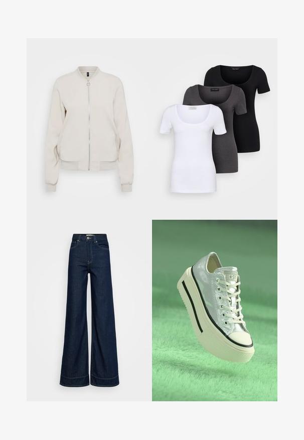 Světlé béžové bomber bundy se zipovým zapínáním vepředu, ribovaným límcem a manžetami. Hladká látka a dvě boční kapsy, minimalistický design.; Tři přiléhavé trička v bílé, šedé a černé barvě. Každé má široký výstřih a krátké rukávy. Vyrobeno z hladké, pružné tkaniny.; Tmavě modré vysoké kalhoty s širokými nohavicemi, předními kapsami, poutky na opasek, zapínáním na knoflík a viditelným švem na bílém pozadí.; Metalické stříbrné tenisky s platformovou podrážkou, bílými tkaničkami a černými akcenty. Mají zaoblenou špičku a texturovanou gumovou podešev.