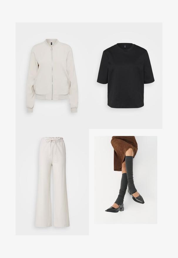 Casaco bomber bege claro com fecho éclair na frente, colarinho e punhos canelados. Tecido suave e dois bolsos laterais, design minimalista.; T-shirt preta de gola redonda, feita de algodão, com mangas curtas e um corte descontraído. Textura suave sem padrões ou detalhes visíveis.; Calças largas de um bege claro com uma cintura elástica e um laço ajustável. Feitas de um tecido suave; apresentam um design simples e sem adornos.; Sapatos pretos de pele lacada com biqueira pontuda, salto bloco e tiras no tornozelo, combinados com caneleiras cinzas em malha e uma saia de camurça castanha.