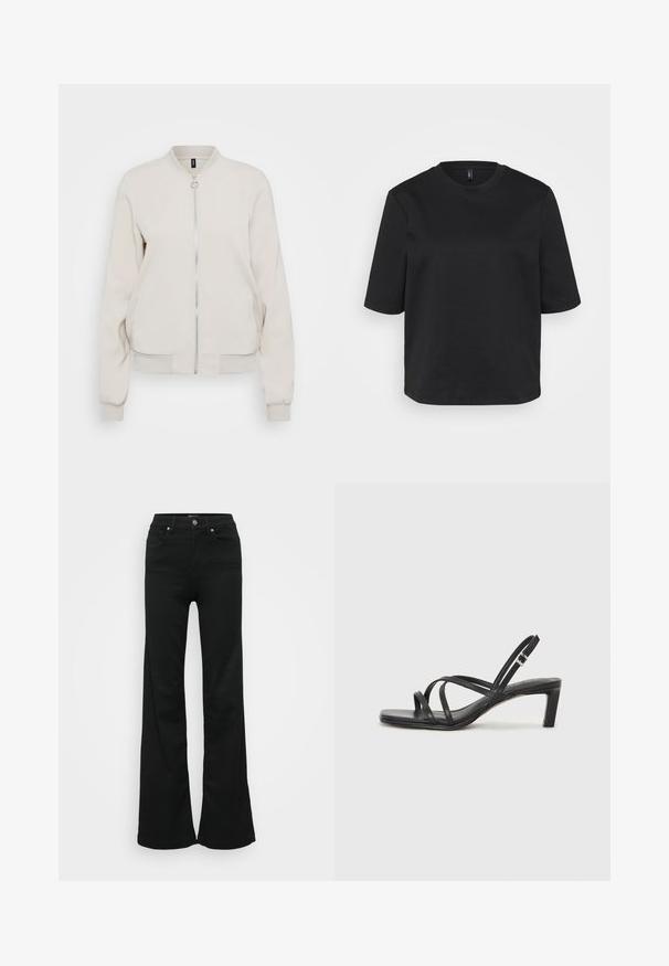 Šviesiai smėlinės spalvos bomber stiliaus striukė su užtrauktuku, su spiraliniais apykaklė ir rankogaliais. Lygaus audinio, su dviem šoninėmis kišenėmis, minimalizmo dizainas.; Juoda apvalios iškirptės marškinėliai pagaminti iš medvilnės, su trumpomis rankovėmis ir laisvu siluetu. Lygus tekstūra, be matomų raštų ar akcentų.; Juodos plačios džinsinės kelnės, pagamintos iš denimo, su aukštu liemeniu, penkiomis kišenėmis ir metaliniu sagčių uždarymu. Lygi tekstūra su minimaliu dekoravimu.; Juodi šlepetės su kvadratiniu pirštu ir žemu bloku kulnu. Yra keli ploni dirželiai ir reguliuojamas kulkšnies diržas. Pagaminti iš lygios odos.