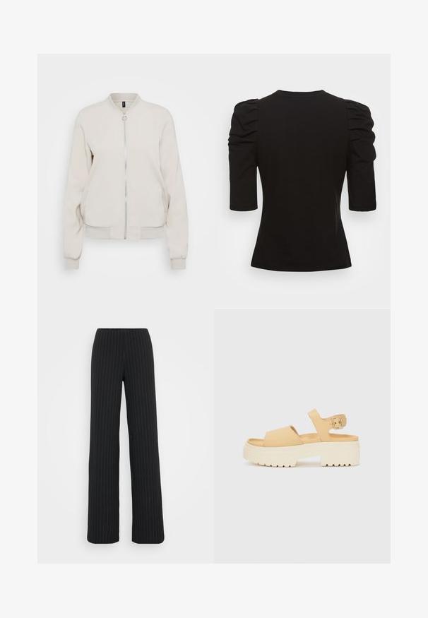 Svetlo bež jakna bomber z zadrgo spredaj, rebrastim ovratnikom in manšetami. Gladek material in dva stranska žepa, minimalističen dizajn.; Vero Moda Tall VMEGAMAXI - Navadna majica - black; Vero Moda Tall VMBERLIN MY WIDE - Hlače - obsidian/oatmeal; Rumene natikače iz umetnega usnja s širokim belim podplatom. Imajo dva široka traka in nastavljiv gležni trak z kovinsko zaponko.