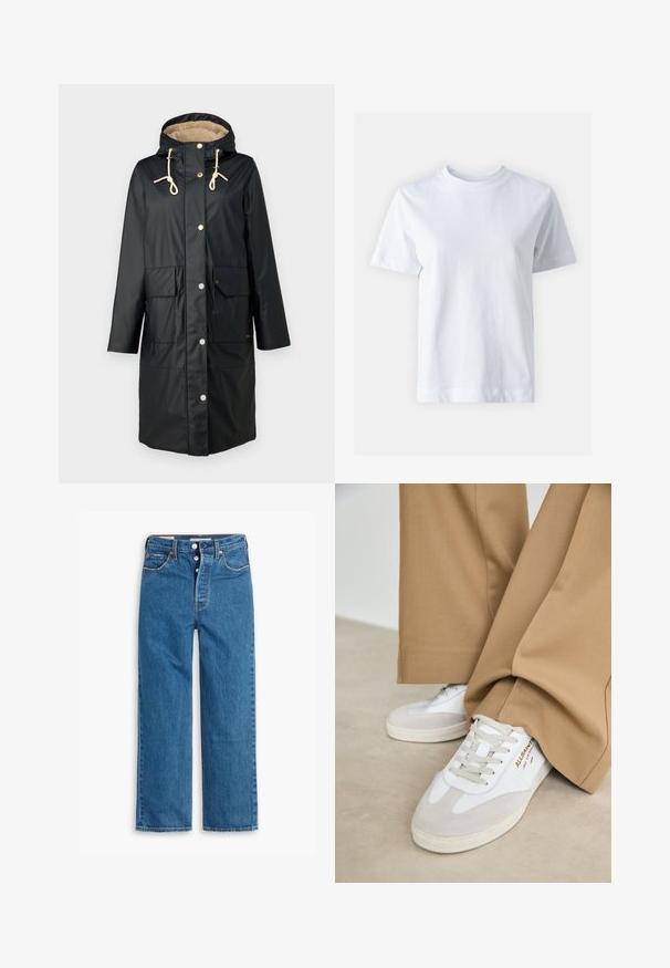 Barbour BETH SHOWERPROOF JACKET - Vízálló dzseki - dark navy/light sand/military brown; Fehér pamut póló kerek nyakkal, rövid ujjal, egyenes szabással és sima textúrával. Nincsenek minták vagy díszítések.; Kék farmer egyenes szárú nadrág, magas derékkal, öt zsebes kialakítással és gombos résszel. Figyelemfelkeltő varrás és rézszínű szegecsek jellemzik.; Fehér sportcipők velúr részletekkel, texturált fűzővel és gumitalppal. Laza barackszínű nadrággal párosítva. A logó az oldalon látható.