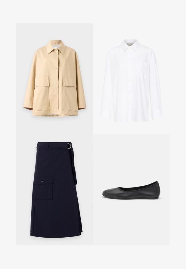 Jachetă bej dintr-un material neted, cu guler clasic, două buzunare mari în față și o croială lejeră. Se închide cu nasturi vizibili.; Cămașă albă cu mânecă lungă și guler, fabricată din bumbac. Are un închidere cu băta pe față și un singur buzunar pe piept. Textură netedă, croială lejeră.; Fustă albastru închis cu un design structurat, având o buzunar cargo lateral și un accent de curea cu inel D din metal. Fabricată dintr-un material durabil.; Balerini din piele neagră, cu vârf rotund, textură netedă, detalii de cusătură minimale și un design al tălpii flexibil.
