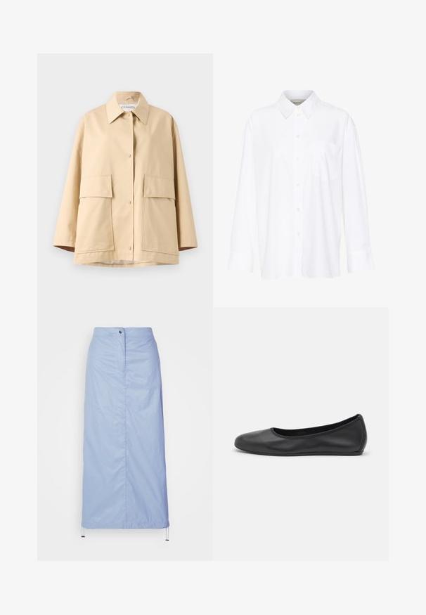 Bēšs žakets, kas izgatavots no gludas auduma ar klasisku apkakli, divām lielām priekšējām kabatām un brīvu piegriezumu. Aizverams ar redzamām poga.; Baltais garo piedurkņu krekls ar apkakli, izgatavots no kokvilnas. Aprīkots ar pogu aizdari priekšā un vienu krūšu kabatu. Gluda tekstūra, brīvs piegriezums.; Gaiši zila, vidēja garuma svārki, izgatavoti no gluda, viegla materiāla ar taisnu piegriezumu, ar priekšējo pogu aizdari un auklu apakšmalā.; Melna ādas baleta kurpe ar noapaļotu purngalu, gludu tekstūru, minimālu šuvju detalizāciju un elastīgu zoles dizainu.