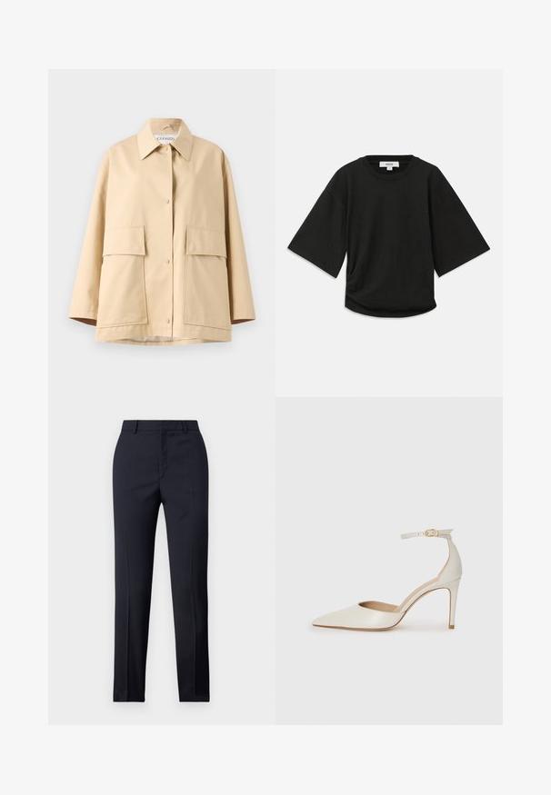 Beige takki, joka on valmistettu sileästä kankaasta, jossa on klassinen kaulus, kaksi suurta etutaskua ja rento istuvuus. Kiinnitetty näkyvillä napeilla.; Musta lyhythihainen t-paita pehmeää puuvillakangasta, jossa on pyöreä kaula-aukko ja rento leikkaus, jossa on huomaamaton keräysdetaili sivussa.; Laivaston siniset räätälöidyt housut suoran leikkauksen omaavana, joissa on sileä pinta, kaksi etutaskua ja siisti vyötärö.; Valkoinen nahkainen korkokenkä, jossa on terävä kärkinen muoto, nilkkaremmi ja kapea korko. Suora pinta, jossa on hienovarainen kiiltävä viimeistely.