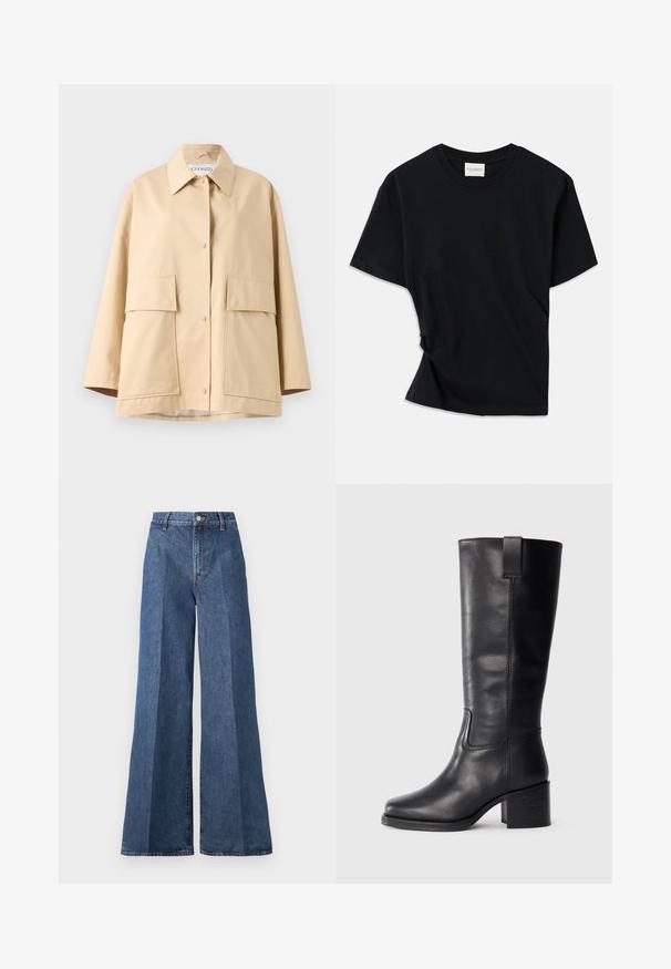 Bež bleiser, mis on valmistatud sileda kangaga, klassikalise kraega, kahe suure esisekotti ja lõdva lõikega. Sulgub nähtavate nuppudega.; Must musta pehmeast puuvillast, millel on ümar kaelus, lühikesed varrukad ja kergelt keeratud disain, et tagada mugav istuvus.; Laiad sinised denimpüksid kõrge vöökohtusega, klassikalise viie taskuga ja nööpkinni, valmistatud tekstureeritud puuvillakangast.; Musthave mustad nahktoodete bikiinibootid, millel on sile pind, ruudukujuline varvas, plokk-kand ja külgmine tõmbeaas, minimaalse õmblusega detailid.