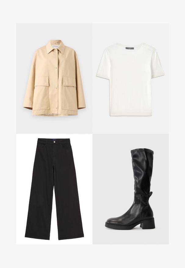 Beige jacket made of a smooth fabric with a classic collar, two large front pockets, and a relaxed fit. Fastened with visible buttons.; White short-sleeve knit top with a round neckline, featuring a smooth texture and subtle ribbed accents at sleeves and hem.; Black wide-leg pants made of denim, featuring a high waist, front pockets, and a single metal button at the waistband, smooth texture.; Black knee-high boot made of smooth leather, featuring a block heel, rounded toe, and stitched detailing along the seams.