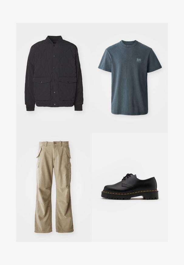 Sort quiltet jakke med ståkrave, front snaplukning og to store klaplommer. Har ribbede manchetter og tekstureret stof.; Mørkegrå bomulds T-shirt med rund hals, korte ærmer og et lille trykt logo på venstre side. Klassisk pasform med lige kant.; Beige cargo bukser lavet af slidstærkt stof, med en afslappet pasform, flere sidelommer og forstærkede knæ. Flad frontdesign.; Sort læder snøresko med en rund tå, tekstureret gummisål og gule stikninger omkring bunden. Flad design og glat finish.