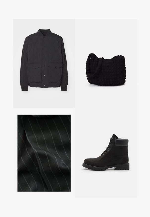 Svart vadderad jacka med ståkrage, framknäppning och två stora fickor med lock. Har ribbade ärmslut och textil med struktur.; Två kortärmade t-shirts, en vit och en svart, med design i hög hals tillverkade av mjukt bomullsmaterial.; Svart tyg med en fiskbensmönster och tunna vita ränder. Texturen verkar slät med subtil djup från vävningen.; Svart snörkänga med vadderad krage och slitstark sula, visad i profil mot en vit bakgrund.; Svart tygväska med en strukturerad, vadderad yta. Rund form, korta, tjocka handtag och en mjuk, flexibel struktur.