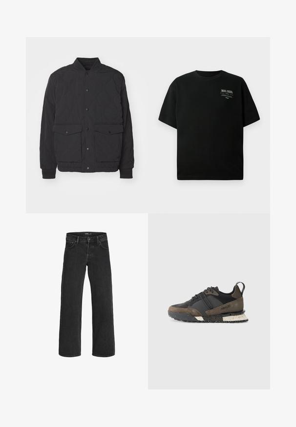 Casaco acolchoado preto com colarinho levantado, fecho frontal por botões de pressão e dois grandes bolsos com aba. Possui punhos canelados e tecido texturizado.; Camiseta de algodão preta com decote redondo e mangas curtas; apresenta texto impresso em branco no lado superior esquerdo. Textura suave.; Jeans pretos de perna larga feitos de denim; apresentam um design clássico de cinco bolsos, costura resistente e um fecho de botão na cintura.; Replay FIELD JUPITER CRAFT - Sapatilhas - black/dark grey