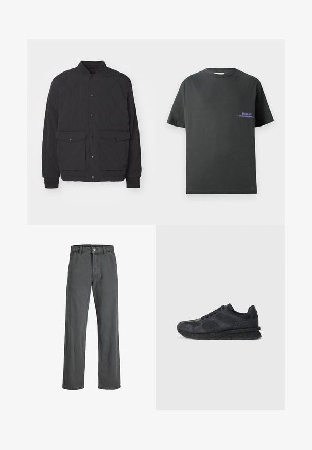 Black quilted jacket with a stand collar, front snap closure, and two large flap pockets. Features ribbed cuffs and textured fabric.; Dark gray cotton t-shirt with a round neckline. Features a small purple print on the left chest reading "REPLAY." Short, straight sleeves.; Dark gray wide-leg jeans made from denim. Features a front button and zipper closure, belt loops, and a classic five-pocket design.; Replay ARTHUR ATOM - Trainers - black