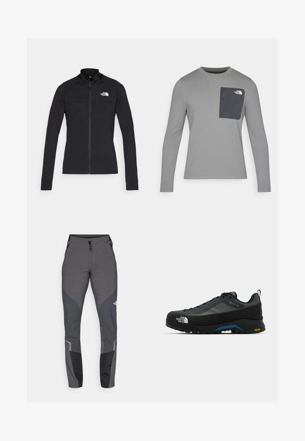 Svart zip-up jakke med høy krage, raglanærmer og hvit logo på venstre bryst. Laget av lett, teksturert stoff.; Langermet grå skjorte med strukturert stoff, med en mørk grå brystlomme og glidelås. Logo på lommen i hvitt.; Grå tursbukser med en innsnevret design, flere lommer og kontrasterende mørkegrå og svarte detaljer. Laget av et fleksibelt, slitesterkt materiale.; The North Face VERTO ALPINE GORE TEX - Fjellsko - asphalt grey/tnf black