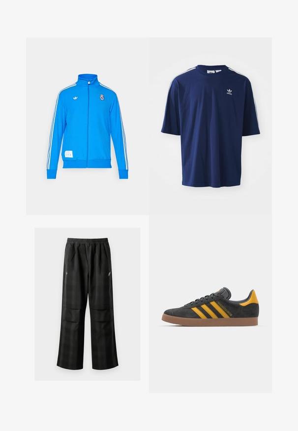 adidas Originals REAL MADRID ICON TRACK TOP - Roupa de discoteca - bluebird/white; T-shirt de algodão azul-marinho com mangas curtas, gola redonda, três riscas brancas nos ombros e um pequeno logótipo branco no peito.; Calças pretas em padrão xadrez com cintura elástica, dois bolsos frontais e um ajuste solto com design de perna reta. Feitas de material leve.; Tenis em camurça preta com detalhes amarelos, apresentando três riscas e uma sola de borracha castanha. Inclui uma língua acolchoada para maior conforto.
