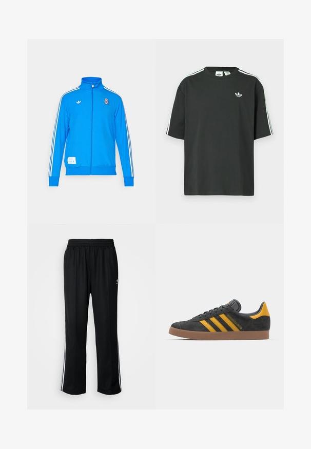 adidas Originals REAL MADRID ICON TRACK TOP - Roupa de discoteca - bluebird/white; T-shirt preta de algodão com mangas curtas, gola redonda e detalhe branco de três riscas nos ombros. Apresenta um pequeno logotipo branco no peito.; Calças atléticas pretas com um cós elástico, apresentando riscas brancas laterais e um pequeno logótipo. O material parece macio e leve.; Tenis em camurça preta com detalhes amarelos, apresentando três riscas e uma sola de borracha castanha. Inclui uma língua acolchoada para maior conforto.