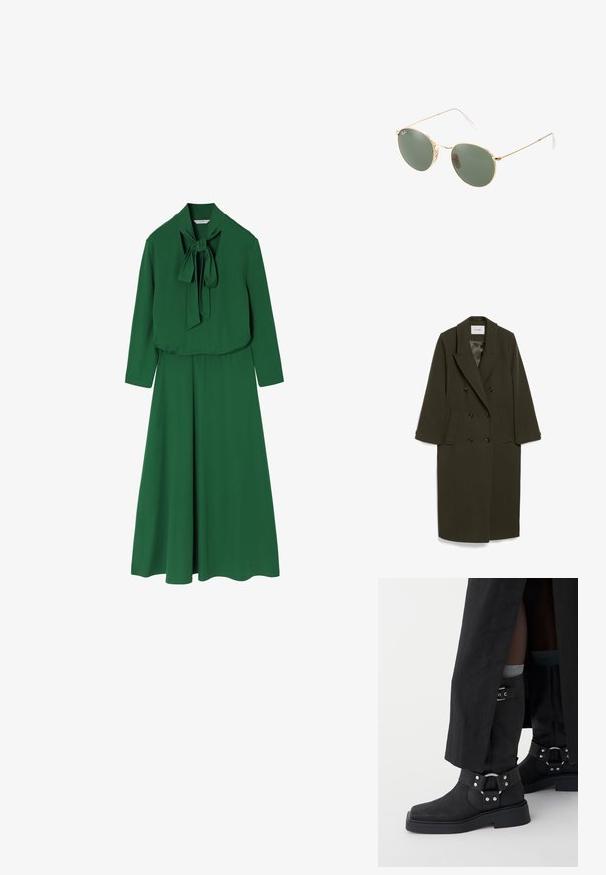 Dark olive green double-breasted coat with long sleeves, notched collar, two side pockets, and black buttons; smooth fabric texture.; Green dress made of smooth fabric, featuring a high neck with a bow tie detail, long sleeves, and a flowing skirt.; Black ankle boots made of leather with a matte finish, a square toe, and decorative buckles. The sole is chunky and textured.; Gold metal frame sunglasses with green lenses, round shape, thin temples, and white plastic accents on the tips of the arms.