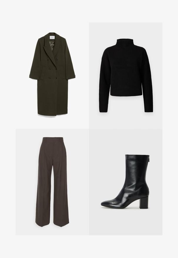 Tumeoliivroheline kahekordse nööpide ja pika varrukaga mantl, millel on lõhiku kaelus, kaks küljetaskut ja mustad nööbid; sile kangastekstuuri.; Mustra musta soonik, millel on pikad varrukad ja lühike disain. Tekstuur näeb paks ja kudumina välja, ilma nähtavate mustrite või kaunistusteta.; Tumepruunid lai jalad püksid kõrge vöökohaga, millel on korralikult pressitud kortsud, sile tekstuur ja täpselt sobiv lõige.; Must musta ankle boot teravaid varvastega ja 4 cm plokknõela. Suurepärase disainiga, millel on külgrihm lihtsaks läbi panemiseks. Sile tekstuur.
