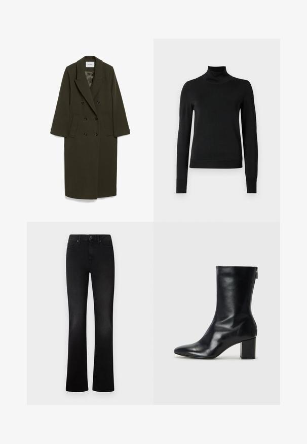 Dark olive green double-breasted coat with long sleeves, notched collar, two side pockets, and black buttons; smooth fabric texture.; Black long-sleeve turtleneck sweater with ribbed cuffs and hem, displayed on a plain white background.; Black denim flared jeans with five pockets, a front button closure, and a smooth texture. Features a classic fit and even stitching.; Black leather ankle boot with a pointed toe and 4 cm block heel. Sleek design features a side zipper for easy wear. Smooth texture.