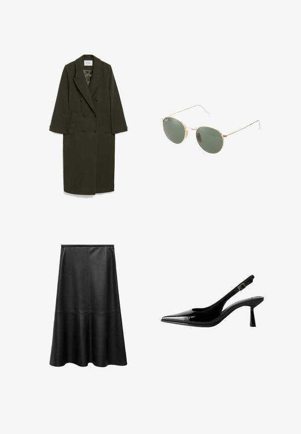 Tmavě olivově zelený dvouřadý kabát s dlouhými rukávy, klopovým límcem, dvěma bočními kapsami a černými knoflíky; hladká textilie.; Hnědý dlouhý rukáv top s kulatým výstřihem, zdobený velkými bílými puntíky a nařasením v pase pro obtažený vzhled.; Černá kožená sukně, a-line střih, ke kolenům, hladká textura, švy, rozšířený lem a skrytý zip na zadní straně.; Černé lakované kožené lodičky na podpatku s špičatou špičkou, výřezy na stranách, nastavitelným páskem kolem kotníku a tenkým, elegantním podpatkem.; Sluneční brýle s metalickým zlatým rámem a zelenými skly, kulatého tvaru, s tenkými stranami a bílými plastovými akcenty na koncích ramen.; Hnědá kabelka z umělé kožešiny s našitým designem a zavazováním na šňůrku. Jemná textura, zaoblený tvar a minimalistický styl.; Zlaté kruhové náušnice s texturovaným povrchem, které mají řadu malých průhledných krystalů podél okraje a šroubovací záznam.