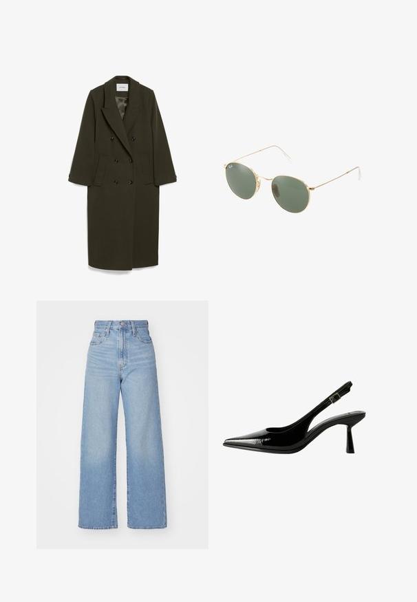 Mørkeolivengrøn dobbeltbrystet frakke med lange ærmer, klapkrave, to sidelommer og sorte knapper; glat stofstruktur.; Brun langærmet top med en rund halsudskæring, der har store hvide prikker og samlet detalje ved taljen for et tætsiddende look.; Lyseblå højtaljede bukser med bred benåbning, med frontknap og lynlås, samt for- og baglommer, på en hvid baggrund.; Sorte patenterede lædersandaletter med spids tå, udskårne sider, justerbar ankelstrop og en tynd, slank hæl.; Gul metalrammede solbriller med grønne linser, rund form, tynde stænger og hvide plastdetaljer på spidserne af armene.; Brun håndtaske i imiteret pels med et rynket design og snøre-lukning. Blød tekstur, rund form og minimalistisk stil.