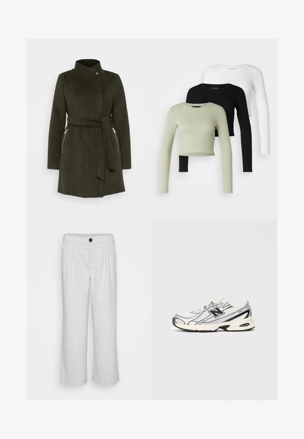 Tmavo zelený kabát so širokým pásom a vysokým golierom, hladký na dotyk, s dvoma postrannými vreckami na zips. Vyznačuje sa prispôsobenými švami a minimalistickým dizajnom.; Even&Odd Petite 3 PACK - Top s dlhým rukávom - black/white/light green; Biele široké nohavice vyrobené z hladkej látky, so záhybmi vpredu a elastickým pásom so zapínaním na gombík.; Biele a šedé atletické tenisky s čiernym logom "N", sieťovaným zvrškom, polstrovanou podrážkou a šnurovacím dizajnom, zobrazené na jednoduchom svetlo šedom pozadí.