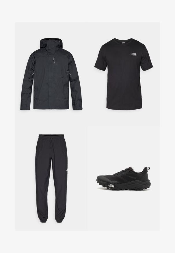 Čierna nepremokavá bunda s vysokým golierom, vreckami na zips a nastaviteľnou kapucňou. Navrhnutá s hladkým matným povrchom a minimalistickým štýlom.; Čierne tričko s krátkym rukávom vyrobené z bavlny, s okrúhlym výstrihom a malým bielym logom na hornej ľavej strane hrude.; Čierne športové nohavice vyrobené z ľahkej tkaniny, s elastickým pásom na šnurovanie, bočnými vreckami a zúženými manžetami na členkoch.; Čierne trailové behacie topánky s štruktúrovaným zvrškom, gumovou podrážkou a vystuženou špičkou. Obsahuje polstrovaný golier a úchyt na jednoduché obúvanie.