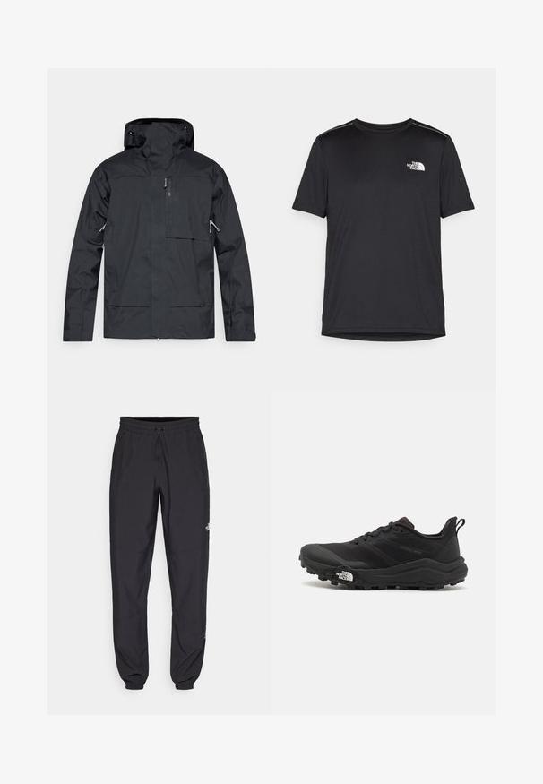 Black waterproof jacket featuring a high collar, zippered pockets, and adjustable hood. Designed with a smooth, matte finish and minimalistic style.; Black short-sleeve T-shirt made from lightweight fabric. Features a small white logo on the left chest and subtle shoulder accents.; Black athletic pants made from lightweight fabric, featuring a drawstring waistband, side pockets, and tapered cuffs at the ankles.; Black trail running shoe with a textured upper, rubber sole, and reinforced toe cap. Features a padded collar and pull tab for easy wear.