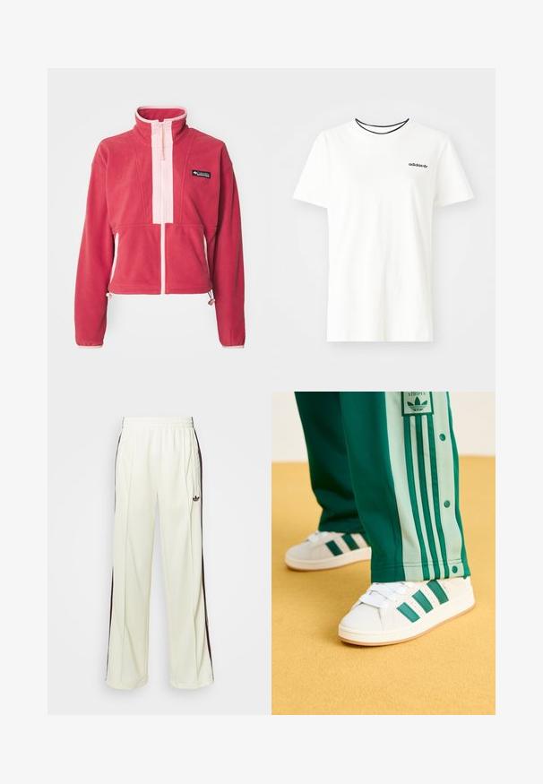 Różowa polarowa kurtka z wysokim kołnierzem, przednim zamkiem błyskawicznym, kontrastowym jasnoróżowym panelem oraz regulowanymi sznurkami u dołu i przy nadgarstkach.; Biała bawełniana koszulka z krótkim rękawem i okrągłym dekoltem. Ma czarne logo Adidas na piersi oraz kontrastowy czarny wewnętrzny kołnierzyk.; Kremowe dresy o luźnym kroju, z ciemnobrązowymi paskami po bokach i wyhaftowanym logo na lewej udzie.; Białe sneakersy z zielonymi paskami, gumową podeszwą i teksturowaną cholewką, zestawione z zielonymi spodniami dresowymi z jasnzielonymi bocznymi paskami i zatrzaskami.