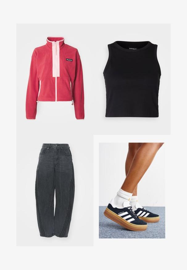 Ροζ φόρμα από φλις με ψηλό γιακά, μπροστινό φερμουάρ, αντίθεση σε ανοιχτό ροζ πάνελ και ρυθμιζόμενα κορδόνια στο στρίφωμα και τους καρπούς.; Μαύρο ριγέ κοντό τοπ με στρογγυλή λαιμόκοψη και χωρίς μανίκια. Κατασκευασμένο από μαλακό, ελαστικό ύφασμα, με καθαρές, ραμμένες άκρες.; Ανυψωμένα μαύρα τζιν παντελόνια σε φθαρμένη απόχρωση, με πέντε τσέπες, κλείσιμο με κουμπί στη μέση και ραφές μπροστά και στα πλάγια.; Μαύρα σουέτ αθλητικά παπούτσια με λευκές ρίγες και λεπτομέρειες, στρογγυλεμένη μύτη, εξωτερική σόλα από καουτσούκ gum, συνδυασμένα με λευκές ριμπ κάλτσες πλήρους μήκους.