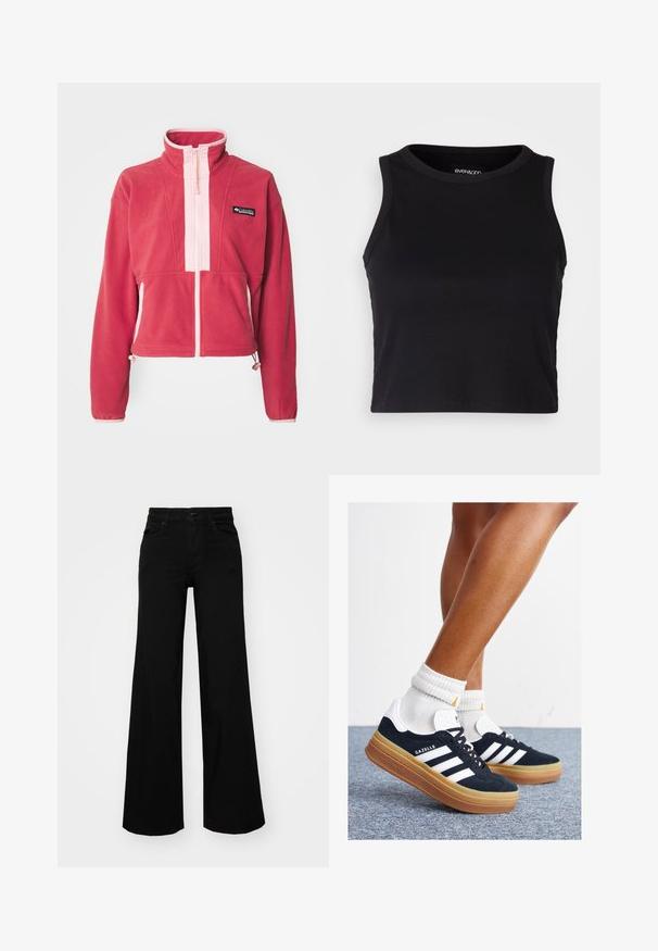 Rózsaszín bolyhos dzseki magas gallérral, elülső cipzárral, kontrasztos világos rózsaszín panellel, valamint állítható zsinórokkal az alján és a csukló részen.; Fekete bordás crop tank top kerek nyakkivágással és ujjtalan dizájnnal. Puha, rugalmas anyagból készült, tiszta, lekerekített szélű részletekkel.; Fekete, bő szárú farmernadrág, amelynek állítható derékrésze van, övhurkokkal és elülső zsebekkel. Simaság jellemzi, klasszikus dizájnnal.; Fekete velúr sportcipő fehér csíkokkal és díszítésekkel, lekerekített orral, gumitalpú külső résszel, fehér bordázott bokazoknival párosítva.