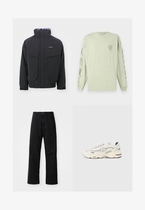 Melns āra jakas ar augstu apkakli, divām krūšu kabatām un elastīgām aprocēm. Apkakle ir izšūta ar rakstainu flīsu.; Gaišzaļš kokvilnas krekls ar garām piedurknēm, kas piedāvā mazu logo uz krūtīm un abstraktus rakstus tumši zaļās krāsās pa piedurknēm.; Melnas džinsu bikses ar taisnu griezumu, ar priekšējiem kabatām, rāvējslēdzēju un vienu augšējo pogu. Tekstūrēta auduma matēta virsma.; Baltie sporta apavi ar sietiņu un sintētiskām pārklājumām, ar izteiktu N logo, pelēkām akcentiem un biezu gumijas zoli. Modelis 1000.