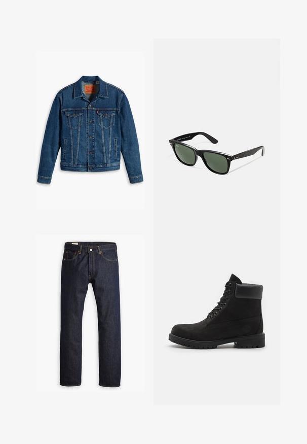 Klasika modra jeans jakna z gumbnim zapiranjem, dvema gumbnima žepoma na prsih, stranskima žepoma in ovratnikom, razporejena na beli podlagi.; Bela majica s kratkimi rokavi, izdelana iz mehke bombažne tkanine. Ima okroglo ovratnik in sproščen kroj, z gladko teksturo in preprostim, neopremljenim dizajnom.; Temno modri kavbojki z ravnim krojem, oranžnim šivom in petimi žepi ter kovinskim gumbom za zapiranje.; Črne čipkaste gležnjarje z oblazinjeno obrobo in trdim podplatom, prikazane v profilu na beli podlagi.; Črne plastične sončna očala z zelenimi lečami, kvadratni okvirji, srebrni detajl na obrvi in teksturirani ročaji. Blagovna znamka navedena na notranji strani ročaja.