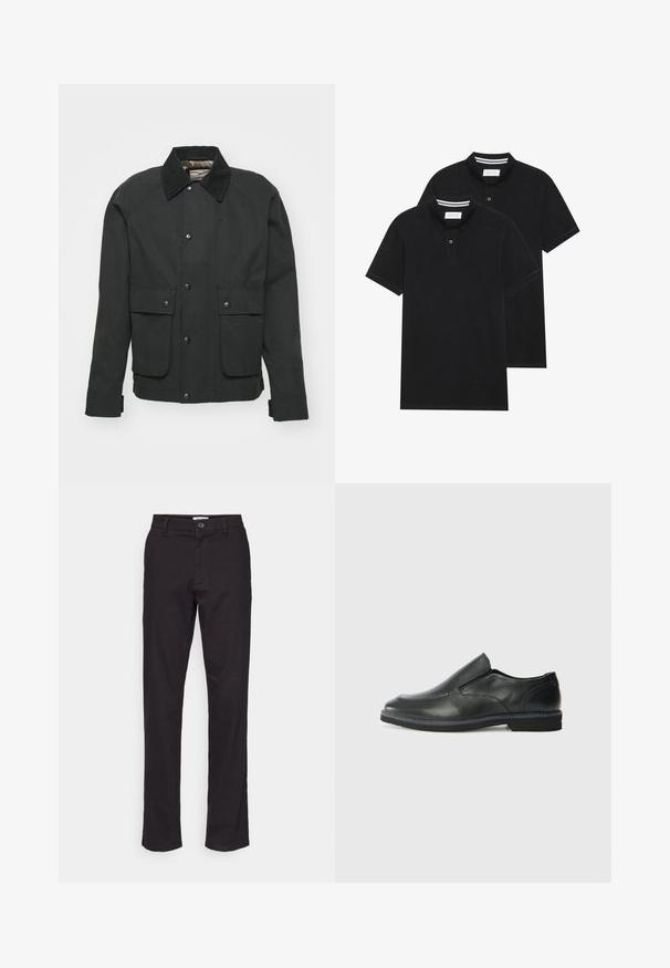 Jachetă neagră din material durabil, cu guler, nasturi pe partea din față, două buzunare pe piept și mansete ajustabile.; Două tricouri polo negre, cu mânecă scurtă, din material de bumbac, având un guler clasic, deschidere cu două butoane și accente albe cu dungi în interiorul gulerului.; Pantaloni negri din bumbac cu un design drept, având închidere cu buton frontal și buzunare laterale. Textură netedă și detalii minime.; Pantof de piele neagră, tip slip-on, cu un superior neted, accente cusute, vârf rotunjit și un toc jos din cauciuc. Talpa are un profil minim de aderență.