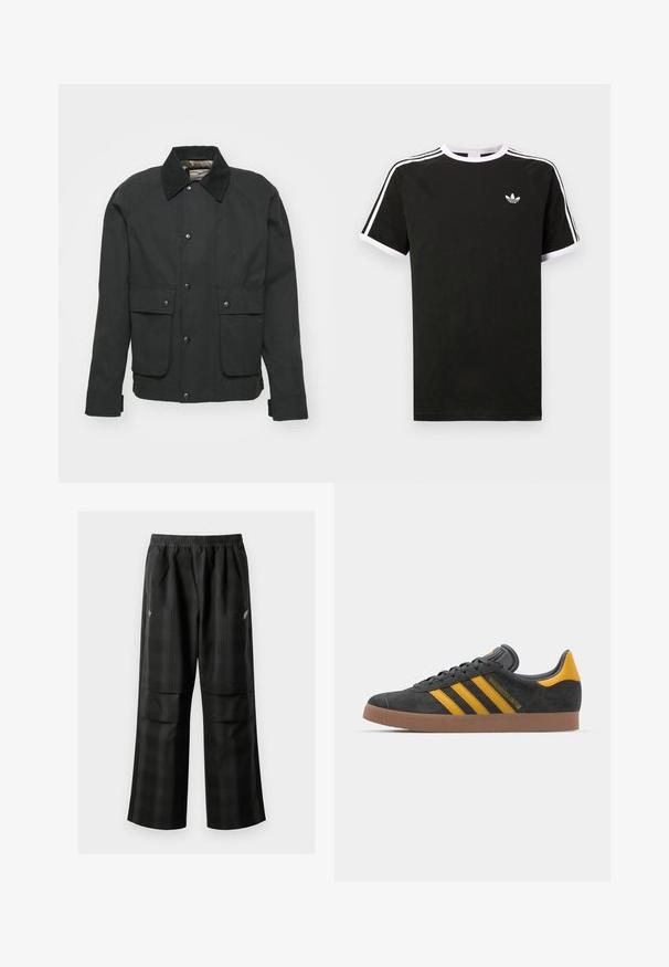 Black jacket made of durable fabric featuring a collared neck, front snap buttons, two chest pockets, and adjustable cuffs.; Black t-shirt made of cotton with white accents. Features short sleeves, raglan design, and a small logo on the chest. Three white stripes on shoulders.; Black plaid pants featuring an elastic waistband, two front pockets, and a loose fit with a straight leg design. Made from lightweight material.; Black suede sneaker with yellow accents, featuring three stripes and a brown rubber sole. Includes a padded tongue for comfort.