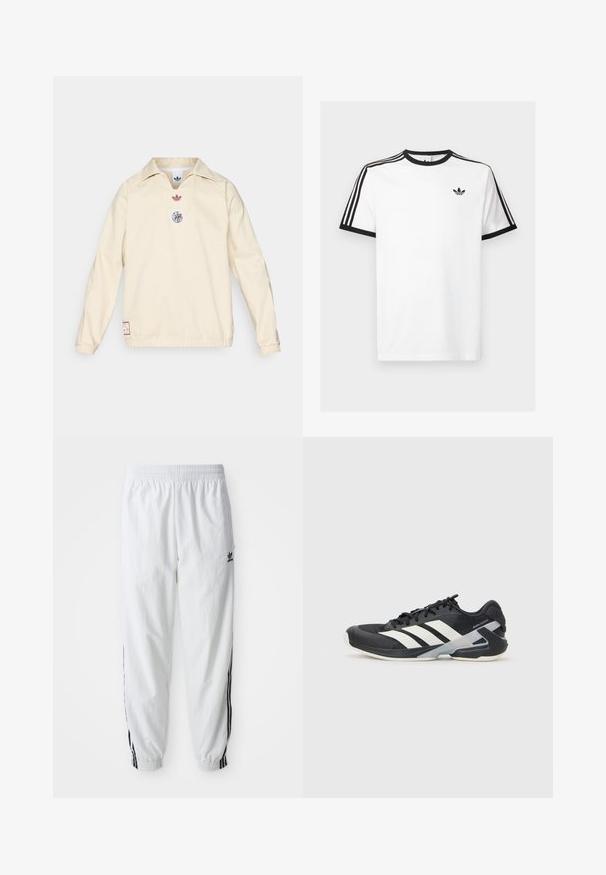 Camisola creme com gola, apresenta um pequeno logótipo vermelho e um emblema gráfico circular no peito. Punhos e bainha elásticos.; T-shirt de algodão branco com decote e mangas caneladas pretas, apresentando três riscas pretas em cada ombro e um pequeno logotipo no peito.; Calças de treino brancas com riscas laterais pretas, cintura elástica e punhos; apresenta o logotipo da Adidas na coxa esquerda. Textura de tecido suave.; Sapata atlética preta com riscas brancas, parte superior em malha, biqueira arredondada e sola acolchoada. Apresenta um calcanhar texturizado e um sistema de atacadores seguro.