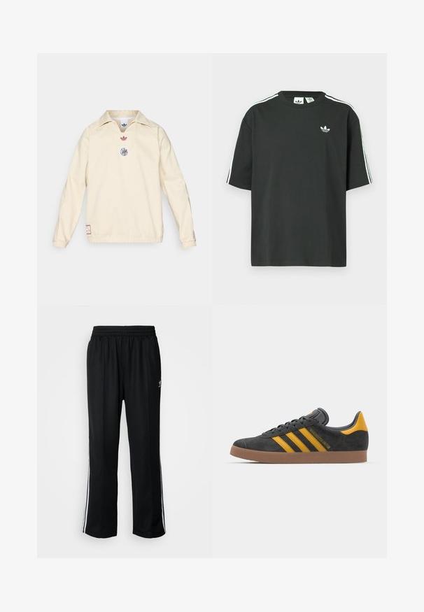 Kremfarget genser med krage, med en liten rød logo og et sirkulært grafisk emblem på brystet. Elastiske mansjetter og kant.; Svart t-skjorte i bomull med korte ermer, rund hals og hvite trestripesdetaljer på skuldrene. Har en liten hvit logo på brystet.; Sorte treningsbukser med elastisk midjebånd, med hvite sidestiper og en liten logo. Materialet ser mykt og lett ut.; Sort skinnesko i svart semsket skinn med gule detaljer, med tre striper og en brun gummisåle. Inkluderer en polstret tunge for komfort.