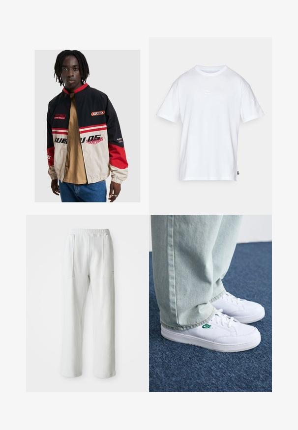 FUBU jakk mustas, beežis ja punases. Omab seisvat kaelust, lukuga eesmist avamist ja logo aktsente. Valmistatud kergest materjalist, millel on elastsed varrukakohtade äärised.; Valge puuvillane t-särk lühikeste varrukatega ja ümmarguse kaelusega. Sellega on kaasas väike, tagasihoidlik Nike logo rinnal ja külgmine silt.; Valged juhuslikud püksid elastse vöökoha ja suurte esipastalaukudega, esitatud ühe lihtsa heleda tausta taustal.; Valged nahast tennisetossud rohelise Nike logo ja ümarate varvastega, lamedate taldadega, koos helesiniste teksapükstega, esitatud sinisel vaibal.