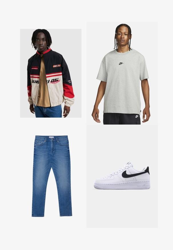 FUBU bunda v čiernej, béžovej a červenej farbe. Má stojatý golier, zipsový predný otvor a logové akcenty. Vyrobená z ľahkého materiálu s elastickými manžetami.; Mladý človek s vrkôčikmi, oblečený v svetlošedé tričko Nike a čierne šortky Nike, na pozadí bielej steny.; Modré džínsy s rovnými nohavicami, ktoré majú predné vrecká, šité švy a klasické zapínanie na gombík.; Biele kožené tenisky s textúrovaným čiernym Swooshom, plochými šnúrkami a gumovou podrážkou s ryhovaným vzorom. Na päte je embosovaný nápis "AIR".