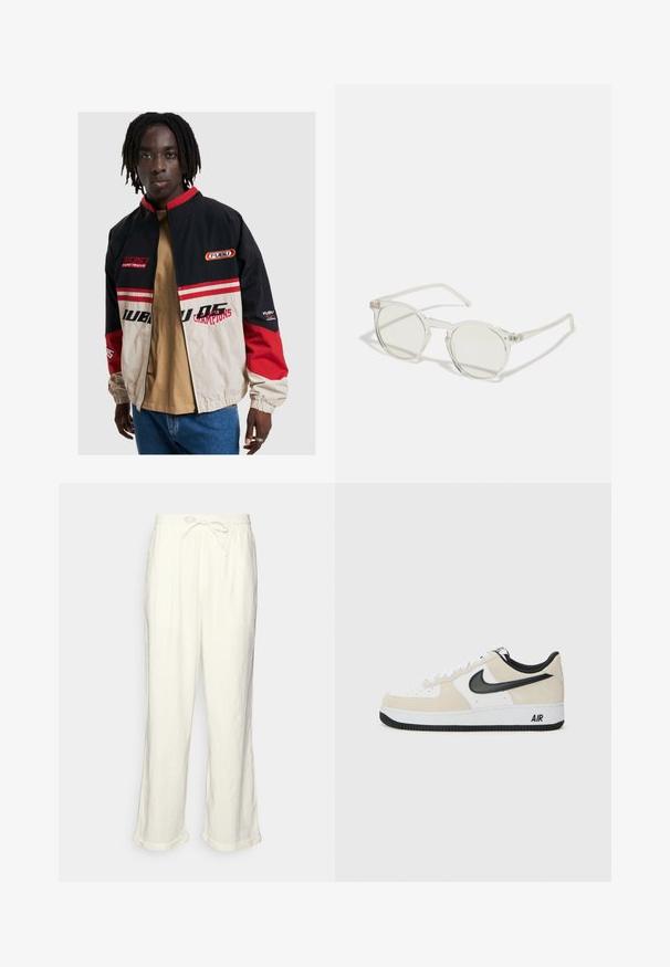 FUBU-takki mustassa, beigeissä ja punaisissa väreissä. Varustettu pystykauluksella, vetoketjukiinnityksellä ja logoelementeillä. Valmistettu kevyestä materiaalista, jossa on joustavat hihansuut.; Kuusi valkoista lyhythihaista puuvillapaitaa, joissa on pyöreät pääntiet, aseteltuna riviin. Paitojen pinta on sileä eikä niissä ole näkyviä kuvioita.; Nudist trousers in off-white with a drawstring waistband, slightly wide legs, and rolled cuffs for a relaxed fit. No pockets.; Juoksukengät, joissa on vaalea beige mokka- ja valkoiset nahkaketju, musta Nike-logoelementti, mustat yksityiskohdat ja valkoinen kumipohja, jossa on "AIR"-brändäys.; Pyöreät aurinkolasit, joissa on läpinäkyvä kehys, vaalean vihreät linssit ja ohuet, kirkkaat saranaosat. Kehyksessä on hienovaraisia metallisosia.