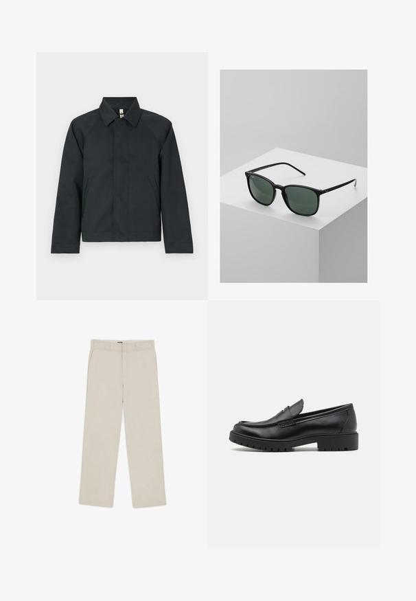 Mørk, kraved jakke med raglanærmer, lavet af glat stof. Har to sidelommer og en lige søm med minimal detailing.; Lys grå pullover sweatshirt med høj krave, halv lynlås foran og elastiske manchetter. Blødt stof og afslappet pasform.; Beige brede bukser med en glat tekstur, der har bæltestropper, to frontlommer og en lynlåslukning. Minimalistisk design.; Sorte læder loafers med rund tå, slip-on design og tyk gummisål med tekstureret greb. Forhøjet hæl og subtile syninger.; Sorte rektangulære solbriller med mørkegrønne linser, udstyret med en let plastisk stel og sølvdetaljer på stængerne.