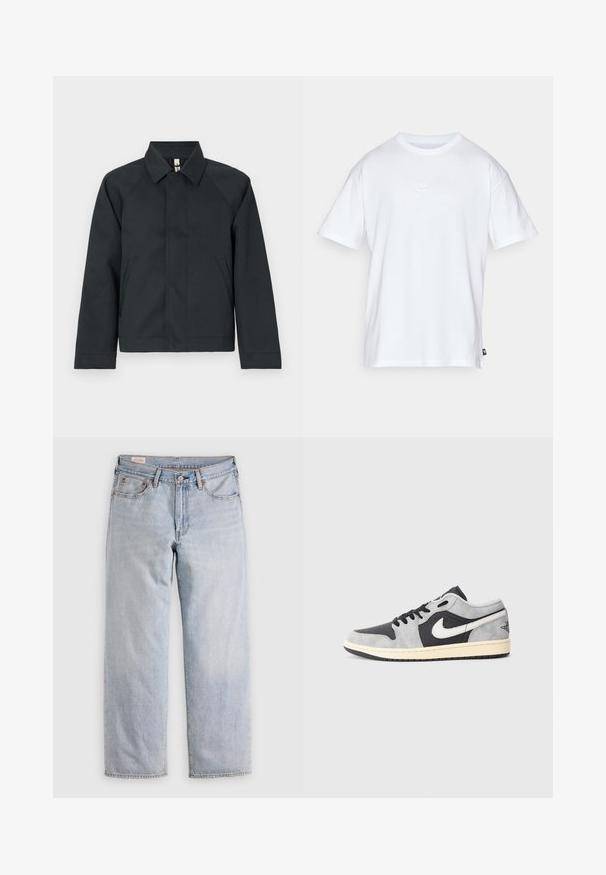 Giacca scura con colletto, maniche raglan, realizzata in tessuto liscio. Presenta due tasche laterali e un orlo dritto con minimale decorazione.; T-shirt bianco in cotone con maniche corte e colletto tondo. Presenta un piccolo e discreto logo Nike sul petto e un'etichetta laterale.; Jeans dritti di colore blu chiaro con vita alta, chiusura a bottone e tasche frontali e posteriori, esposti su una superficie piana.; Nike Air Jordan 1 Low in suede grigio e nero con accenti bianchi. Presenta una suola ammortizzata e il classico logo swoosh di Nike.