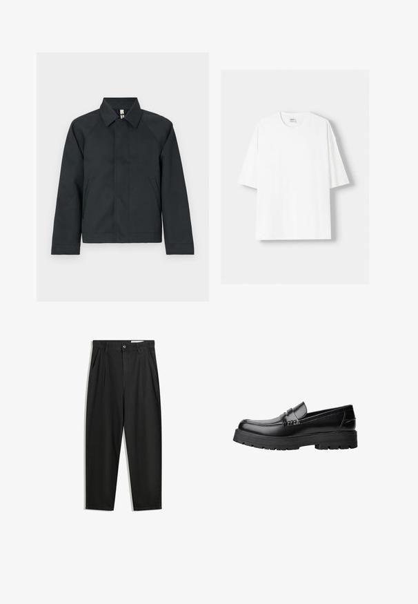 Czarna, kołnierzowa kurtka z raglanowymi rękawami, wykonana z gładkiej tkaniny. Posiada dwie boczne kieszenie i prosty dół z minimalnymi detalami.; Biała koszulka z krótkim rękawem wykonana z bawełny, z okrągłym dekoltem i luźnym krojem. Gładka faktura, bez widocznych wzorów lub akcentów.; Czarne bawełniane spodnie o luźnym kroju, z klasycznym pasem, przednimi plisy oraz bocznymi kieszeniami. Gładka struktura, bez wzorów.; Czarne skórzane mokasyny z grubą, bieżnikowaną podeszwą i dekoracyjnym paskiem na górze, pokazane w lewym profilu na białym tle.