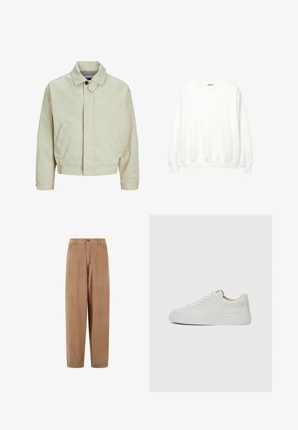 Bežová bavlnená bunda s golierom, predným zapínaním na gombíky a bočnými vreckami. Má textúrovaný interiér s kockovaným vzorom.; Biela mikina, okrúhly výstrih, dlhé rukávy, voľný strih. Mäkka tkanina s ribbovanými manžetami a lemom. Minimalistický dizajn, bez viditeľných log a vzorov.; Béžové kordové nohavice so základným strihom, s gombíkovým zapínaním a bočnými vreckami, s textúrovaným rebrovaným povrchom.; Biele kožené tenisky nízkoprofilového strihu s okrúhlou špičkou, plochou bielou gumovou podrážkou a minimalistickými detailmi šitia. Šnúrky zaistené cez šesť očiek.