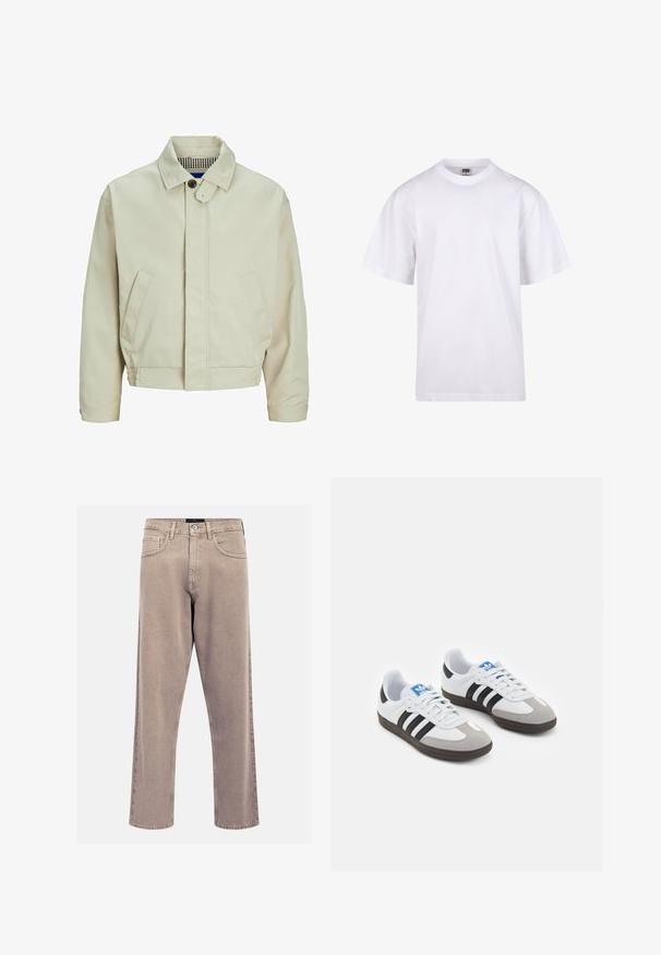 Jachetă din bumbac bej, cu guler, închidere prin butoane în față și buzunare laterale. Prezintă un interior texturat cu un model în carouri.; Tricou alb din bumbac, cu guler rotund, mâneci scurte și croială lejeră. Dispune de un design simplu, fără modele sau accente.; Jeans bej cu croi drept, fabricate din denim, având un design clasic cu cinci buzunare, accente cusute și o finisare curată a tivului.; Încălțăminte sport cu un superior din piele albă, vârf din suede gri și trei dungi negre. Prezintă un logo albastru pe limbă și o talpă din cauciuc texturat.