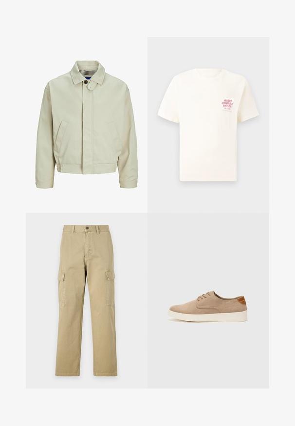 Beige Baumwolljacke mit Kragen, vorderem Knopfverschluss und Seitentaschen. Sie hat ein strukturiertes Innenfutter mit einem karierten Muster.; Weißes T-Shirt mit kurzen Ärmeln und rotem Text "Studio Originals Edition" auf der linken Brust, präsentiert vor einem neutralen grauen Hintergrund.; Beige Cargo-Hosen aus Baumwolle, mit zwei Seitentaschen, einem Knopfverschluss und geraden Beinen aus einem leicht strukturierten Stoff.; Beige Wildleder-Sneaker mit runder Zehenpartie, Schnürung und strukturiertem Rückenteil. Die weiße Gummisohle sorgt für einen Kontrast. Einfaches und modernes Design.