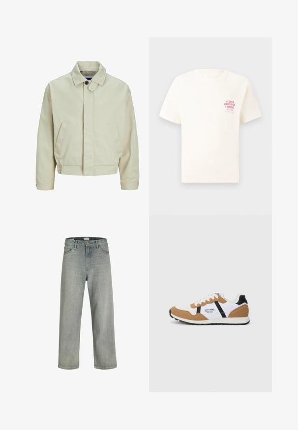 Beige cotton jacket with a collared neck, front button closure, and side pockets. Features a textured interior with a checkered pattern.; White short-sleeve T-shirt with red text "Studio Originals Edition" on left chest, displayed on a neutral gray background.; Light gray, loose-fitting jeans made of denim. Features a classic five-pocket design, belt loops, and a straight leg silhouette.; Retro-style sneaker with white, tan suede, black accents, white laces, and "Jack & Jones EST. 1990" logo on the side.